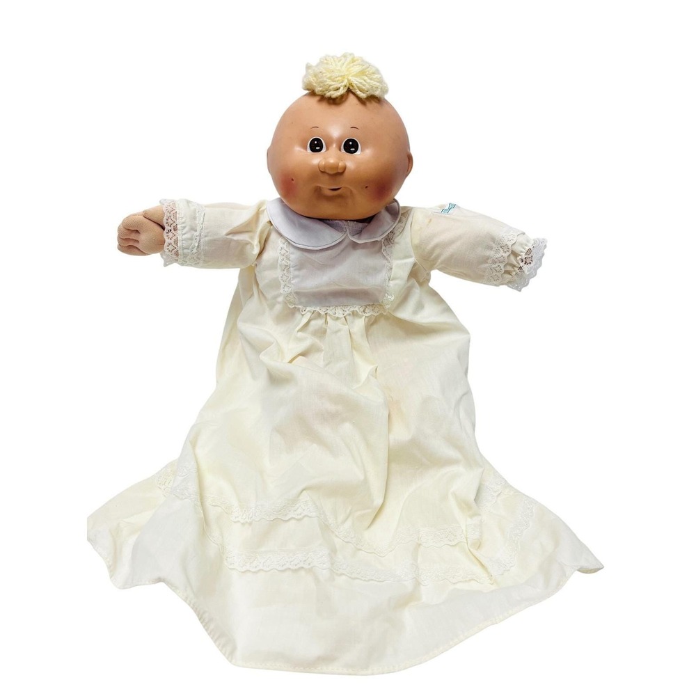 Vtg Cabbage Patch Kids Doll Bald Blonde Yarn Tuft Gown 1984 Signed Collectible